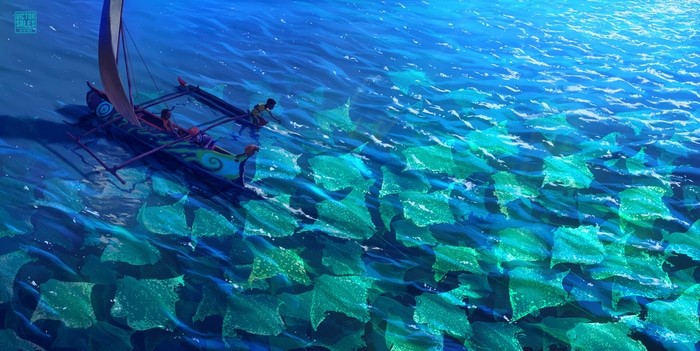 Children on a boat with manta rays