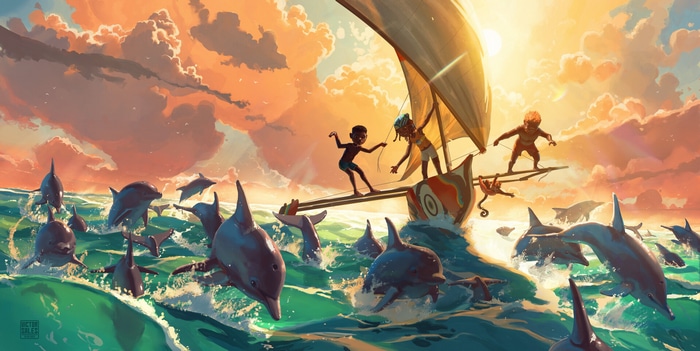 Children surfing on dolphins with a sailing ship