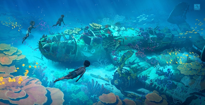 Children swim around a sunken airplane covered in coral