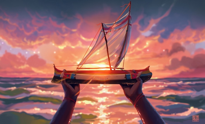 Boat held by hands against a sunset sky