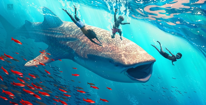 Whale shark with people diving and fish