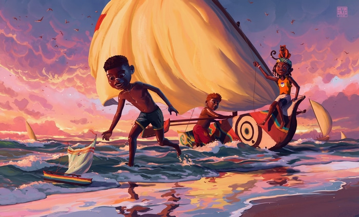 Children sailing a boat at sunset