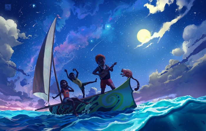 Children and monkey sailing under a starry night sky