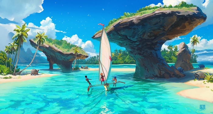 Fantasy island with tortoises and a sailing ship