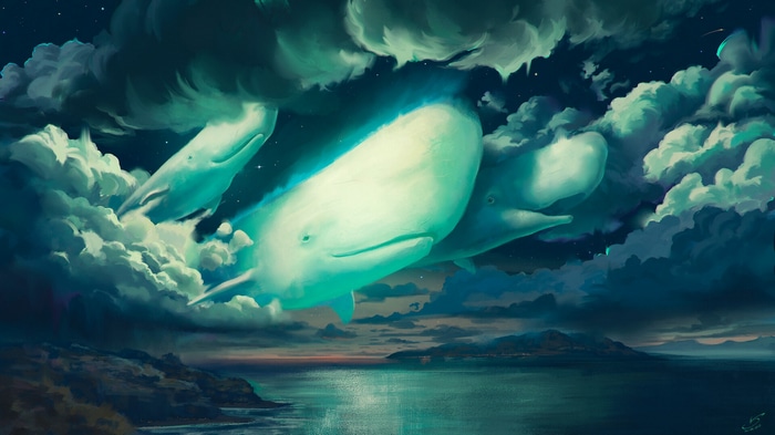 Whales swimming through clouds in a starry night sky