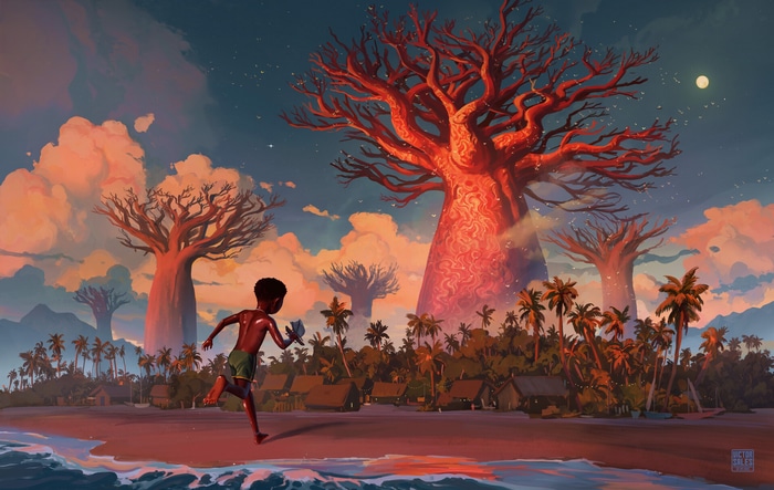 Boy running on beach with baobab trees and fantasy town