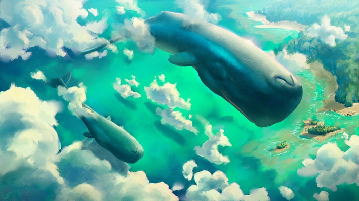 Whales swimming in the sky over islands
