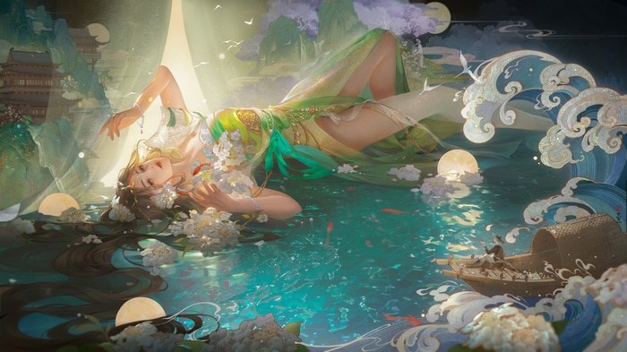 Woman in green dress lying in water with flowers and koi fish