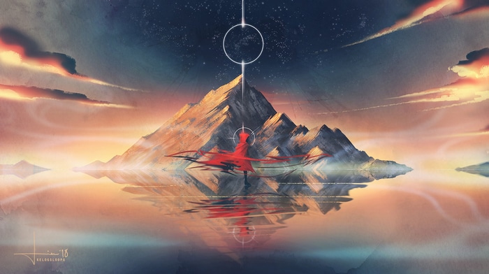Figure in red standing in water with mountains and reflection