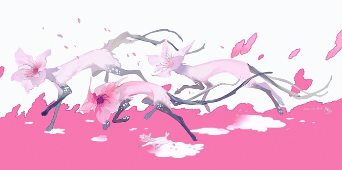 Creatures with flower heads running through pink clouds