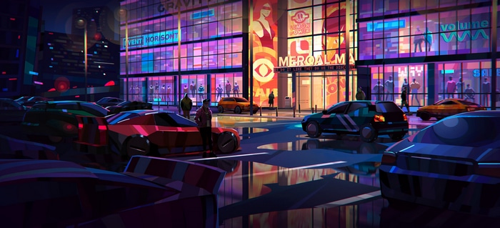 Night cityscape with cars and illuminated buildings