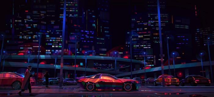 Cyberpunk cityscape with colorful sports car at night