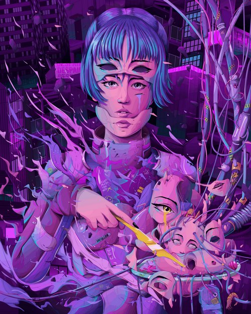 Woman with multiple eyes and purple hair in a city