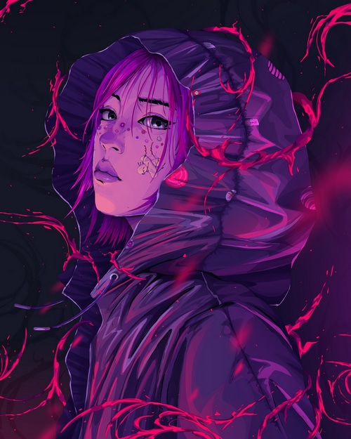 Fantasy girl with pink hair in a hood