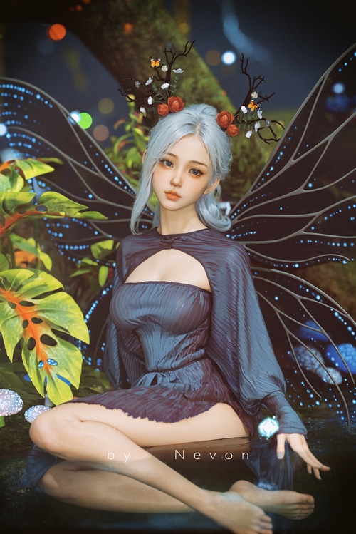Fantasy girl with gray hair and butterfly wings by Nevon