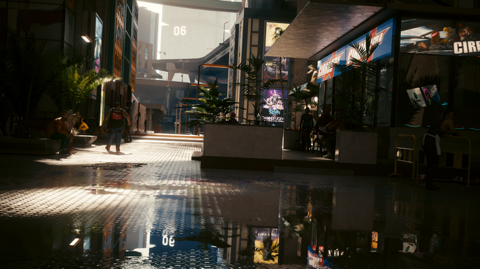 Cyberpunk 2077 city street with reflections
