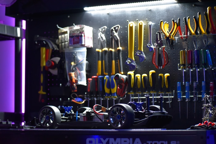 4K RC Car and Tools on Pegboard