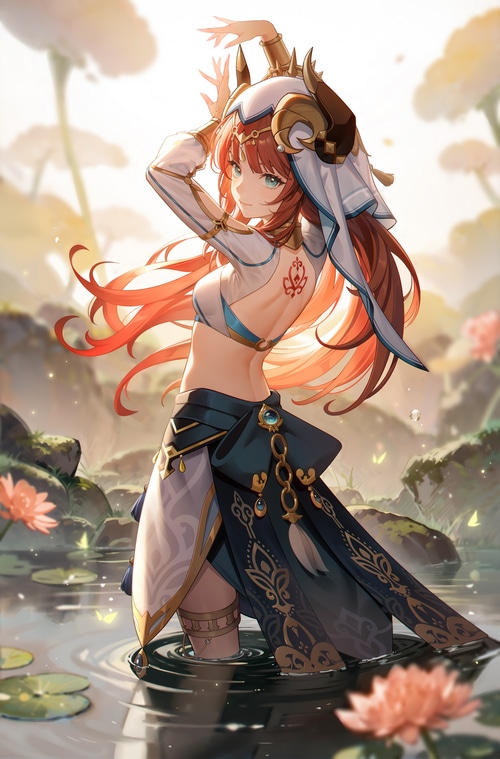 Nilou from Genshin Impact dancing in water with water lilies