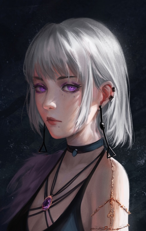 Fan art of a woman with white hair and purple eyes