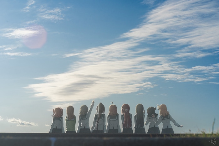 Love Live! Sunshine schoolgirls under a cloudy sky