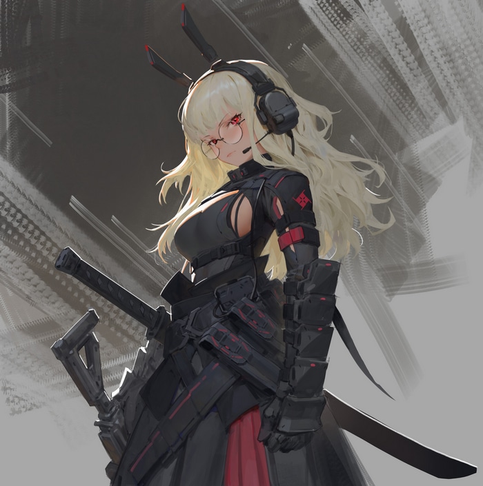 Anime girl with blonde hair, glasses, and armor holding a katana