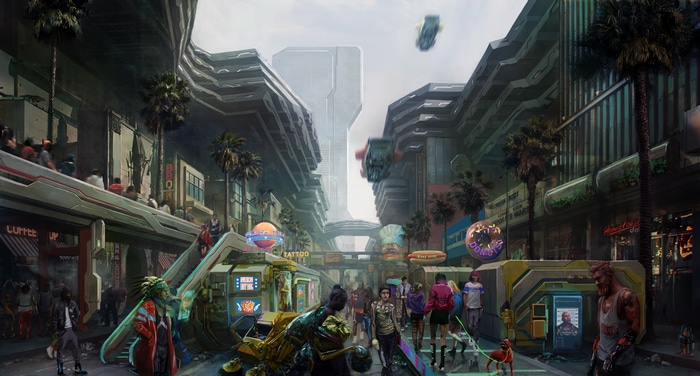 Cyberpunk 2077 city street with futuristic buildings