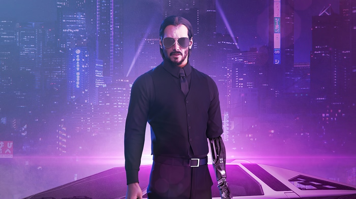 Keanu Reeves as Cyberpunk 2077 character with robotic arm