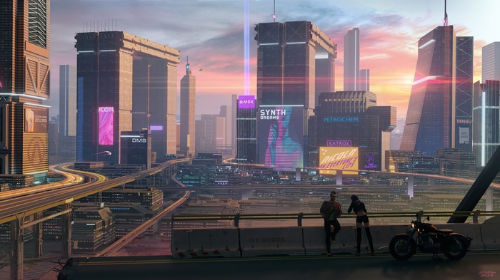 Futuristic city with roads and sunset glow