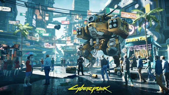 Cyberpunk 2077: Giant Robot in Futuristic City