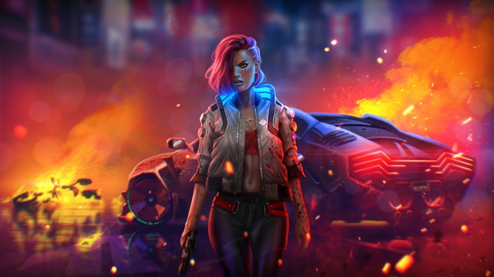 Cyberpunk 2077 V with burning car