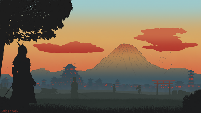 Samurai silhouette overlooking a Japanese village at sunset