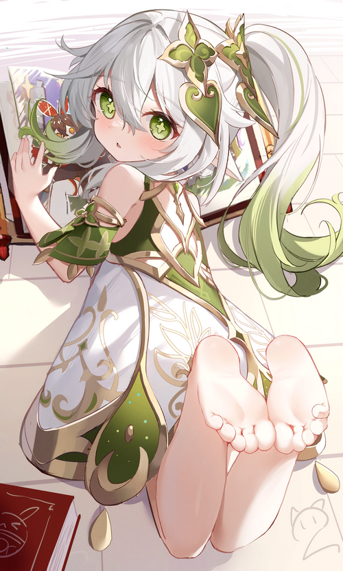 Nahida from Genshin Impact barefoot with books