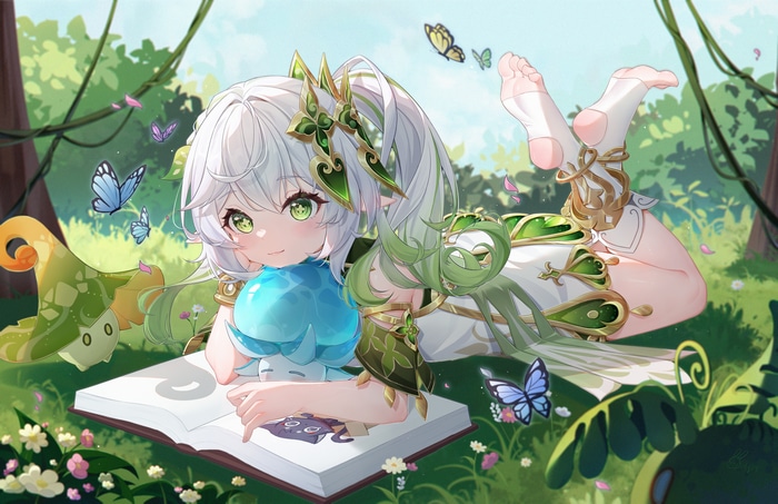 4K, elf girl, leaves, green eyes, Side ponytail, reading, feet ...