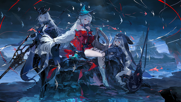 Arknights Skadi and companions with weapons