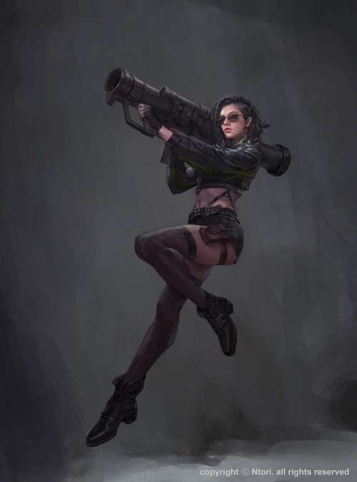 Woman with rocket launcher wearing sunglasses and fingerless gloves