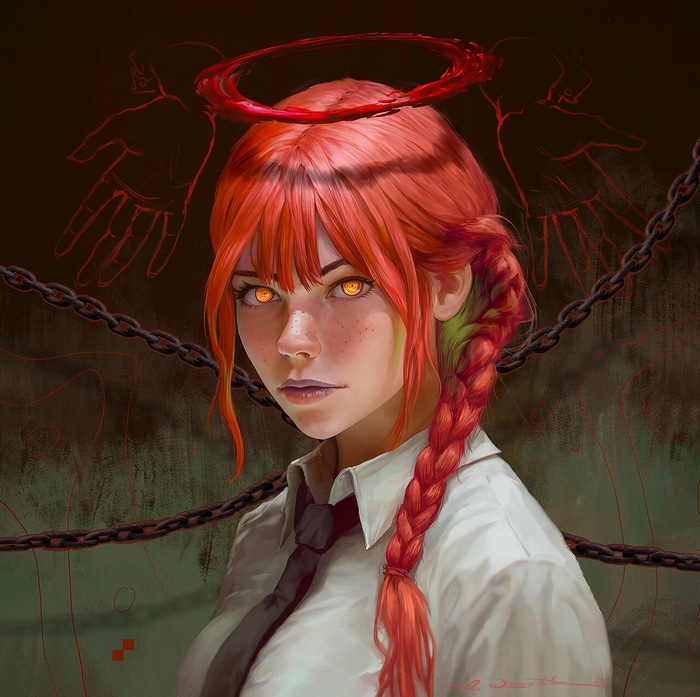 Makima from Chainsaw Man with yellow eyes and chains