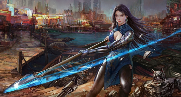 Woman with spear on a dock with a robot