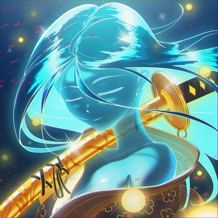Blue-haired woman holding a katana