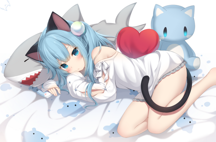 Cat girl with shark and cat plushies