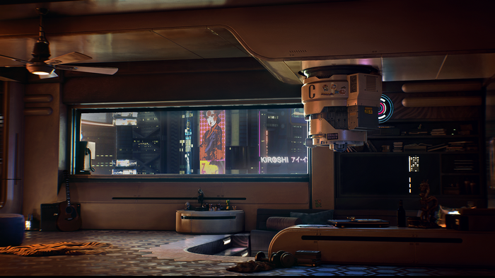 Cyberpunk 2077 apartment interior with city view