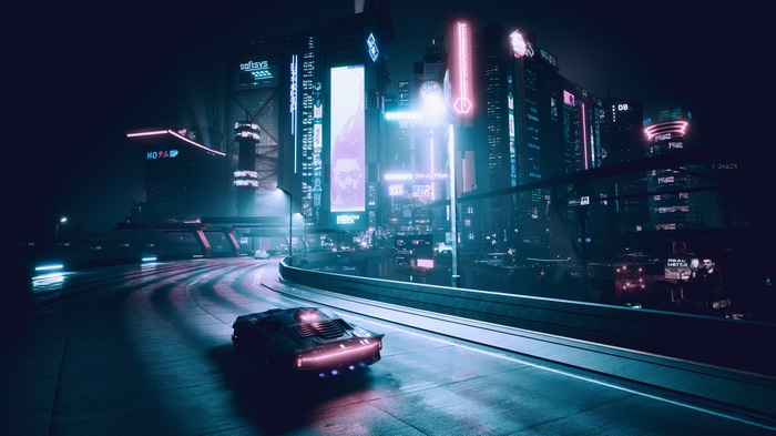 Cyberpunk 2077 car racing at night
