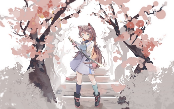 Anime cat girl with katana among cherry blossoms