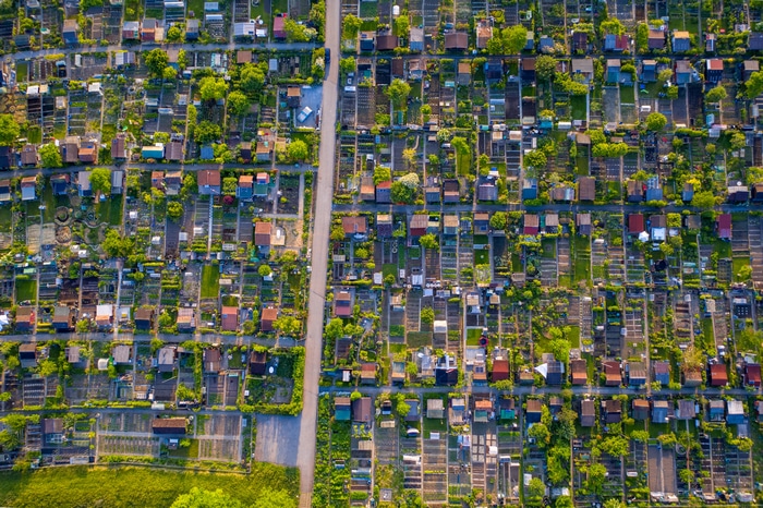 Aerial view of a garden allotment in Zurich