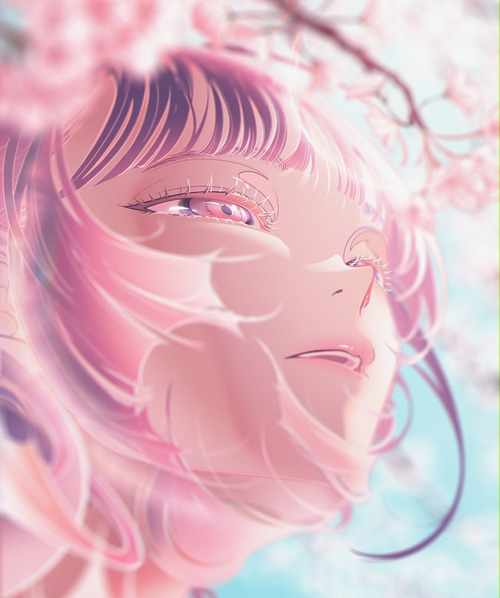 Woman looking up at cherry blossoms