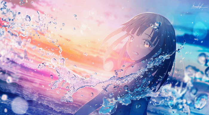 Anime girl in water with sunset glow