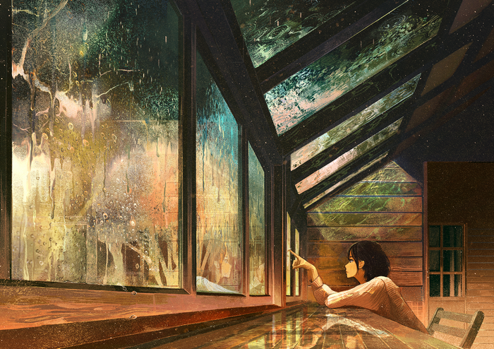 Anime girl looking out a rainy window