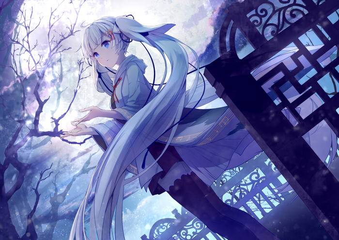Hatsune Miku under the moon with branches