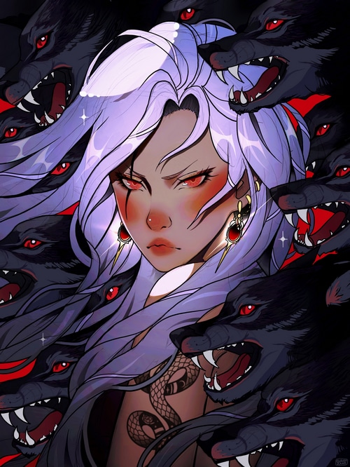 Woman with purple hair surrounded by wolves