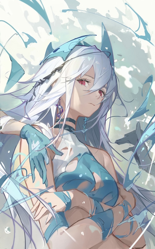 Anime girl with white hair and red eyes wearing gloves