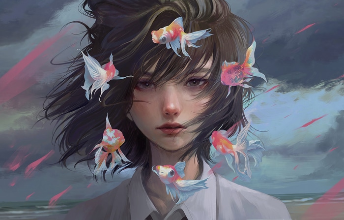 Girl with koi fish in her hair